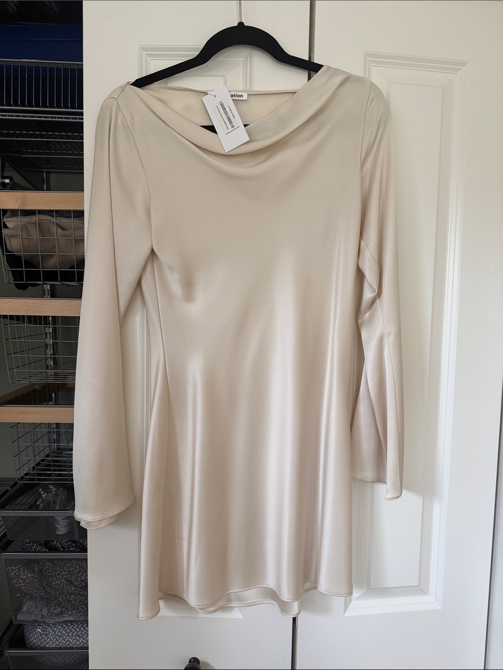 Women's Cream Satin Long-Sleeve Dress